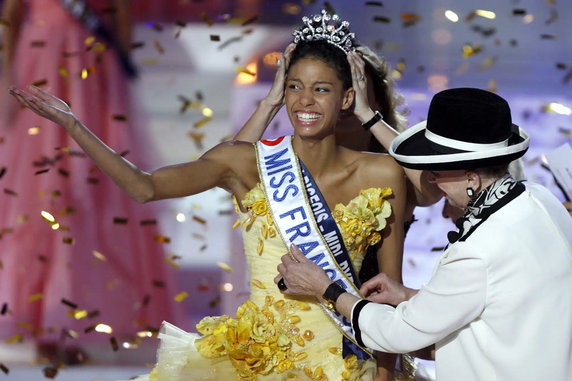 Miss France 2009 Chloe Mortaud from the Albigeois Midi Pyrenees region, reacts after winning the title in Le Puy du Fou