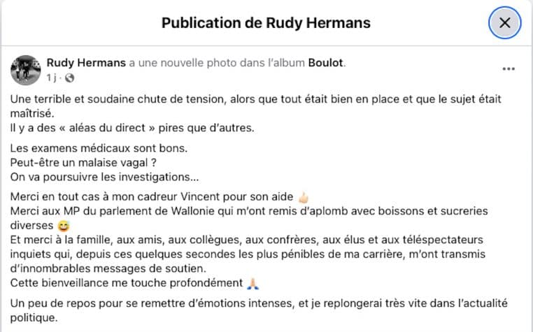 Post Facebook du journaliste belge Rudy Hermans après son malaise en direct.