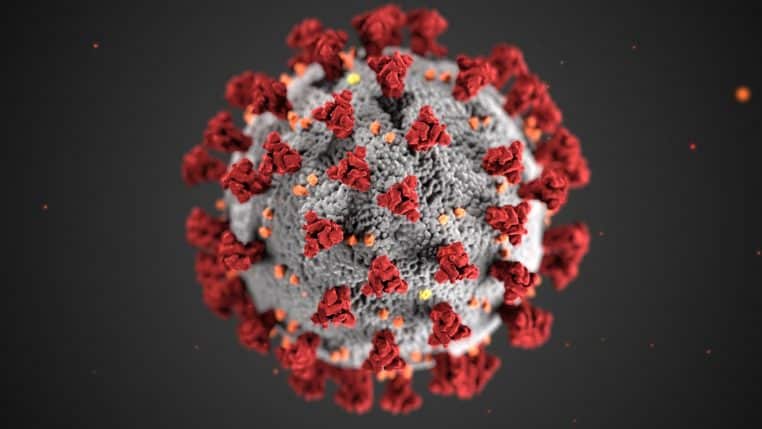 Detailed illustration of coronavirus structure with red spike proteins.