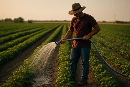 homme avec chapeau arrosant des rangs de légumes au coucher du soleil
