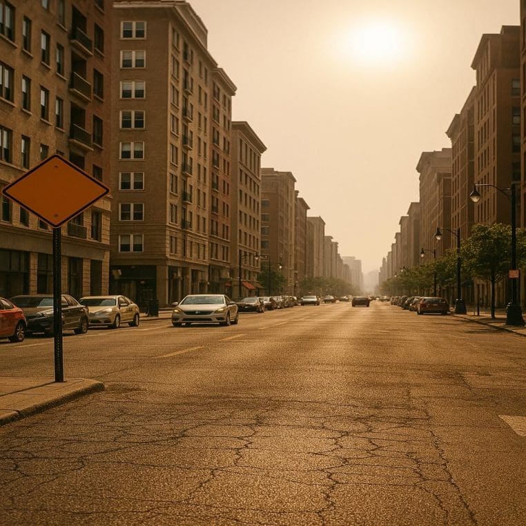 rue asphaltée, buildings et chaleur brumeuse sous un soleil haut
