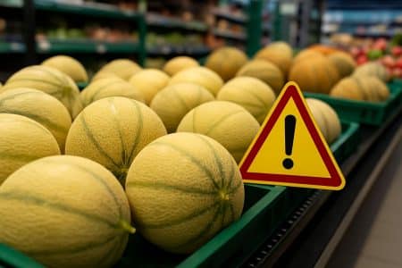 Melon dans un magasin à coté d'un panneau danger.