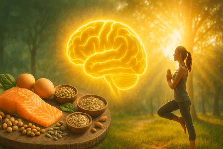 Illustration horizontale montrant un cerveau lumineux en surbrillance dorée, un assortiment de saumon, œufs, légumineuses et graines au premier plan, et une femme en posture de yoga sous un lever de soleil en arrière-plan.