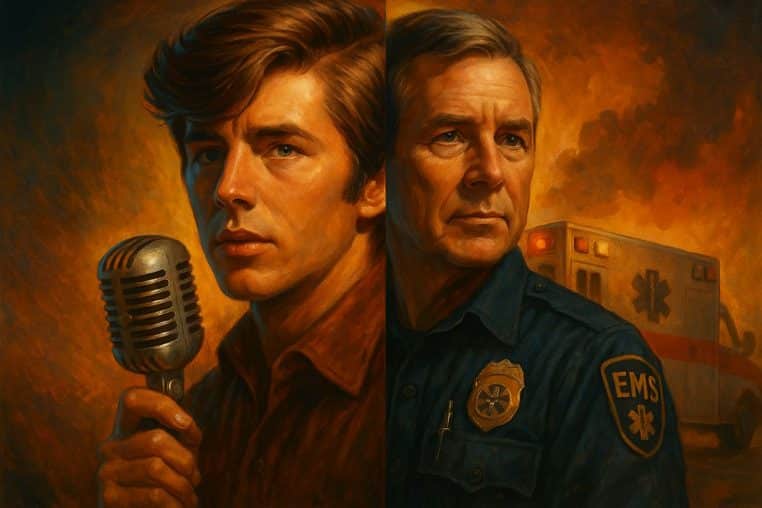 Portrait partagé de Bobby Sherman, jeune chanteur des années 60 tenant un micro vintage à gauche et secouriste EMS plus âgé en uniforme devant une ambulance à droite.