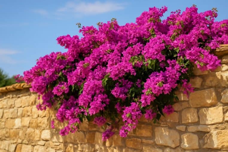 Mur en pierre méditerranéen recouvert de bougainvillées roses et pourpres en pleine floraison.