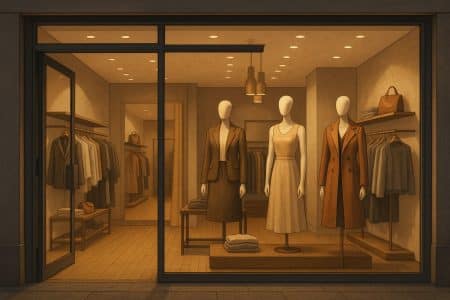 Intérieur raffiné d’une boutique de vêtements avec vitrines et mannequins en vitrine éclairée.