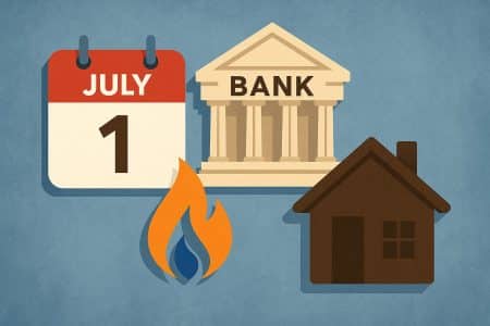 Illustration symbolique des changements financiers au 1er juillet : calendrier, banque, flamme de gaz et maison.