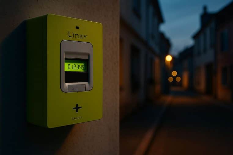 Compteur Linky fixé sur un mur extérieur au crépuscule, dans une rue résidentielle faiblement éclairée.