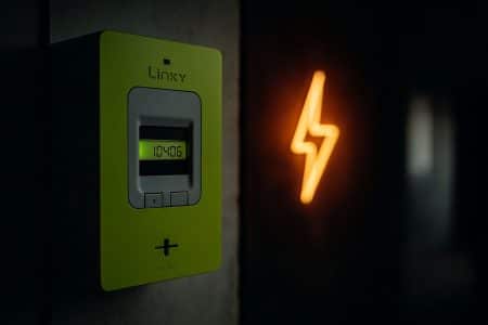 Compteur Linky vert installé sur un mur, à côté d’un éclair stylisé lumineux en arrière-plan.