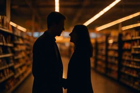 Silhouettes d’un homme et d’une femme se tenant face à face dans une allée de supermarché faiblement éclairée, dans une ambiance intimiste.