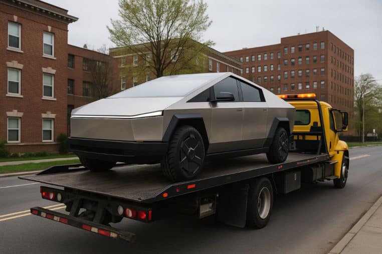 Tesla Cybertruck gris sur dépanneuse jaune, en route vers la fourrière.