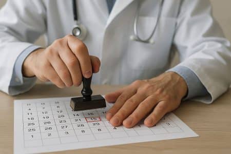 Médecin tamponnant la date du 15 sur un calendrier, illustrant la limitation des arrêts maladie à 15 jours.
