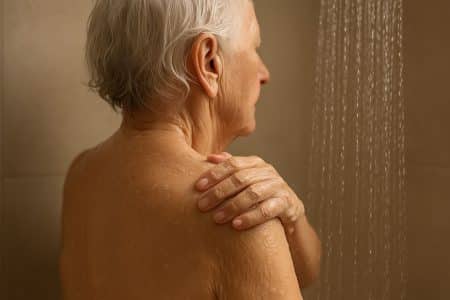 Une sénior prenant sa douche.