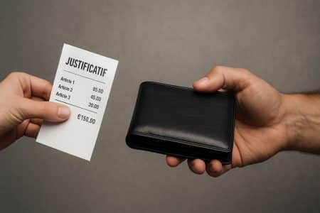 Deux mains se tendent, l’une présente un reçu de 150 € intitulé « JUSTIFICATIF », l’autre un porte-monnaie en cuir noir, sur fond neutre.