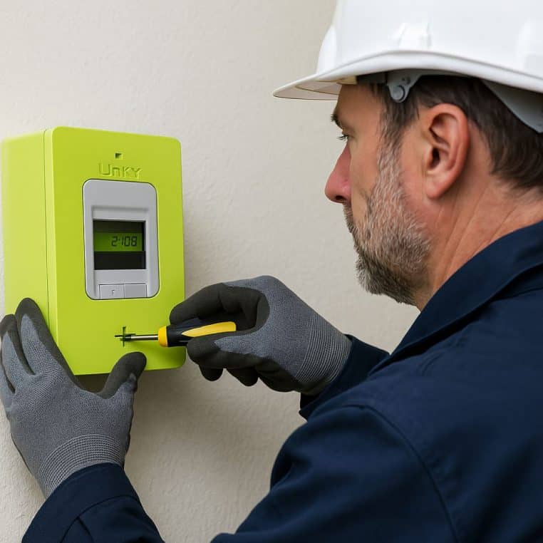 Technicien en tenue de travail installant un compteur Linky à l’aide d’un tournevis.