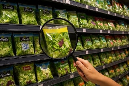 Vue d’un rayon de salades en sachet.