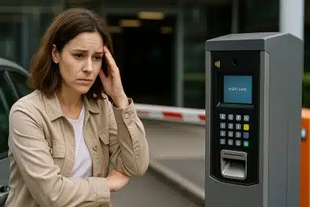 Femme anxieuse debout à côté d’un automate de paiement de parking, le front appuyé sur la main, face à un écran “INSERT CARD”