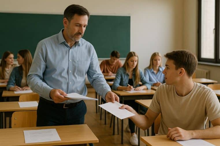Enseignant ramassant les copies d’examen
