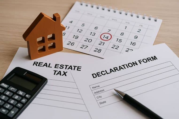 Formulaire de déclaration immobilière posé à côté d’un calendrier et d’un modèle de maison en bois.