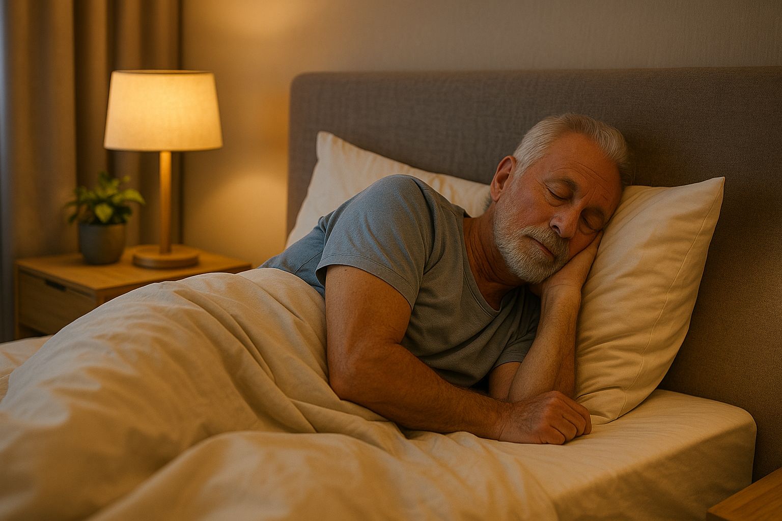 Homme senior endormi sur le côté dans un lit, dans une chambre cosy éclairée par une lampe de chevet.