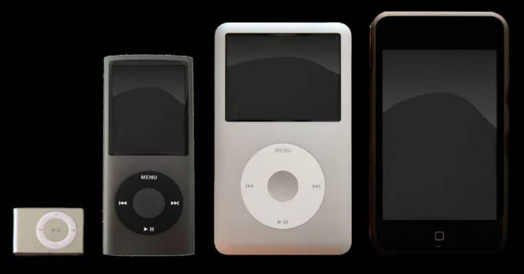 Quatre modèles d’iPod alignés : shuffle, nano, classic, touch.