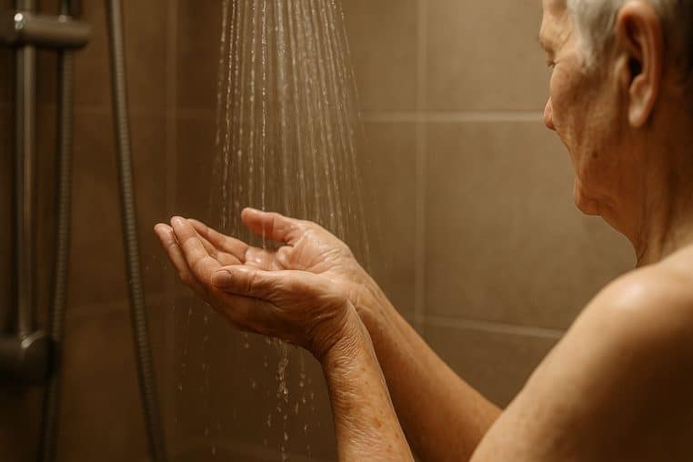 Mains d’un senior sous un jet d’eau tiède dans une cabine de douche.