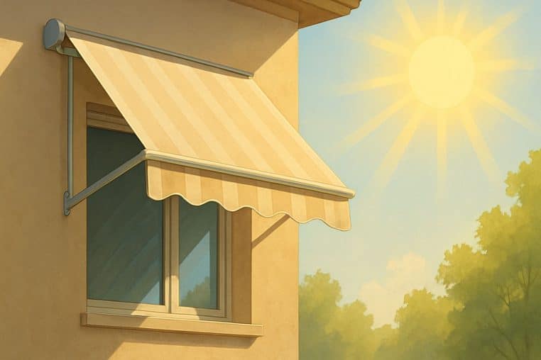 Illustration d’un auvent beige ombrageant une fenêtre sous un ciel ensoleillé.