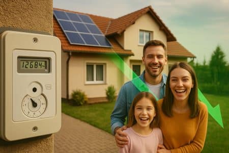 Famille de trois personnes devant une maison moderne avec panneaux photovoltaïques, compteur électrique en avant-plan et flèche verte descendante symbolisant une réduction des coûts d’énergie.