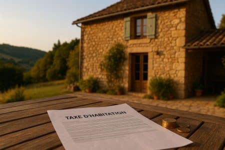 Maison en pierre à la campagne avec un document « taxe d’habitation » et des pièces sur une table en bois