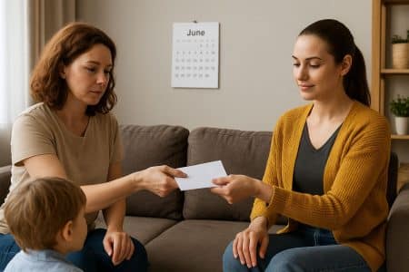 Une maman et son petit garçon payent la baby-sitter dans leur salon.