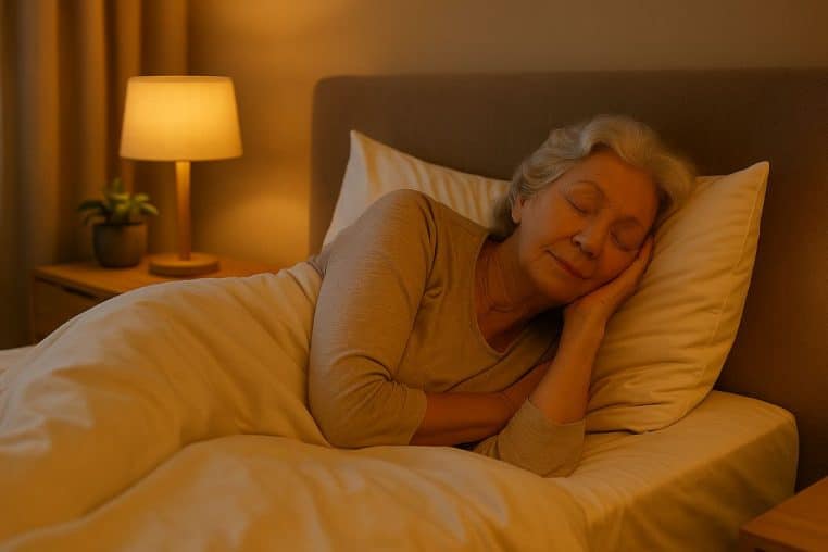 Femme senior au sommeil profond, allongée sur une couette claire, éclairage doux.