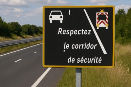 Panneau noir à bordure jaune indiquant “Respectez le corridor de sécurité”, placé au bord d’une autoroute dégagée avec herbes hautes et ciel bleu.