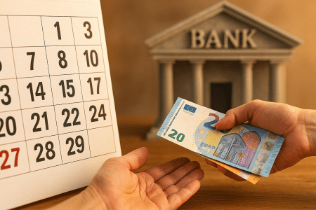 Paiement avec billet de 20 euros à échéance avec le calendrier.