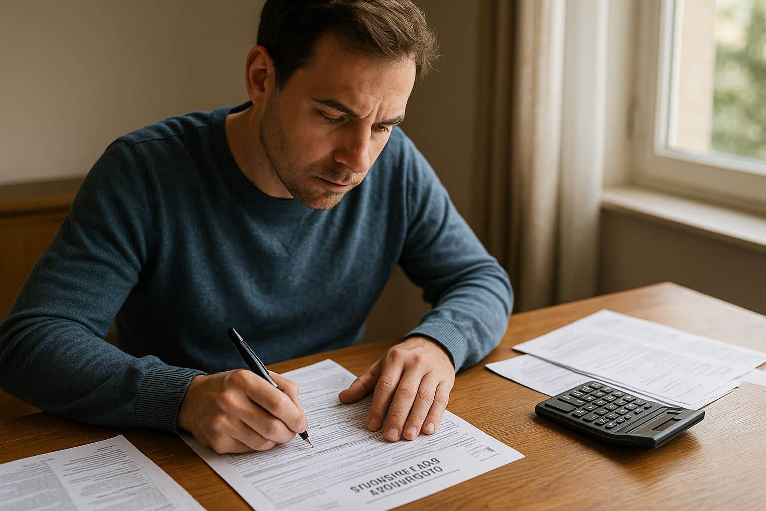Homme en pull bleu remplissant une déclaration fiscale avec une calculatrice sur une table en bois.