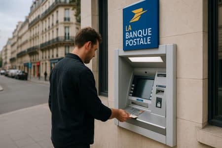 Homme effectuant un retrait d'argent à un distributeur automatique de La Banque Postale dans une rue parisienne.