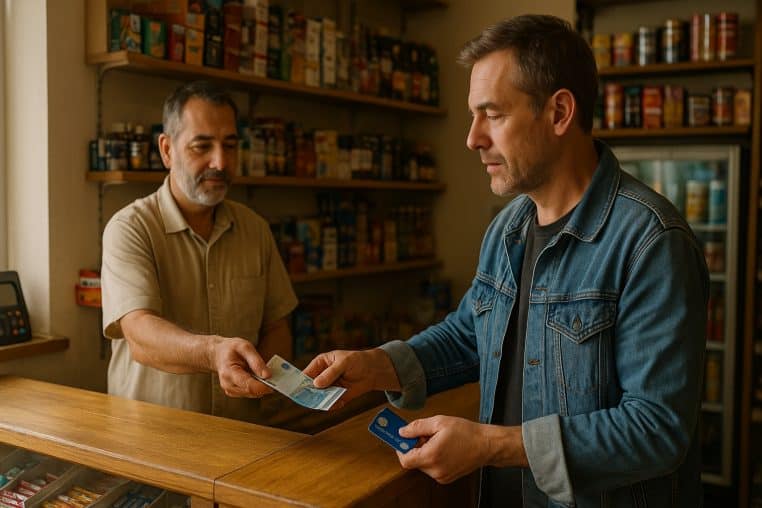 Client retirant des billets euro avec une carte CB dans un point Relais CA chez un commerçant.