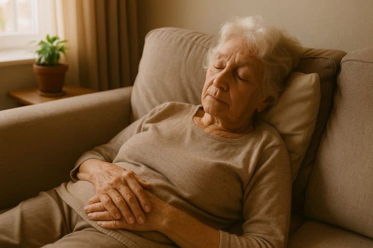 Femme senior en sieste, allongée sur un canapé moelleux près d’une fenêtre, lumière naturelle.