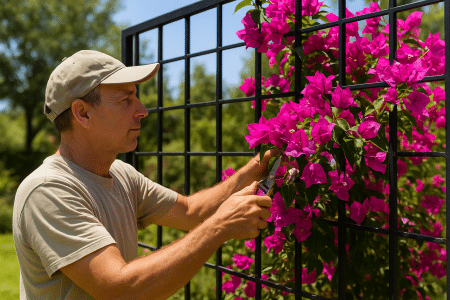 Jardinier taillant les fleurs de bougainvillée rose sur une structure métallique noire.