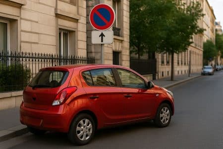 Une voiture stationnée sous un panneau avec flèche indiquant la zone d’interdiction de stationnement.