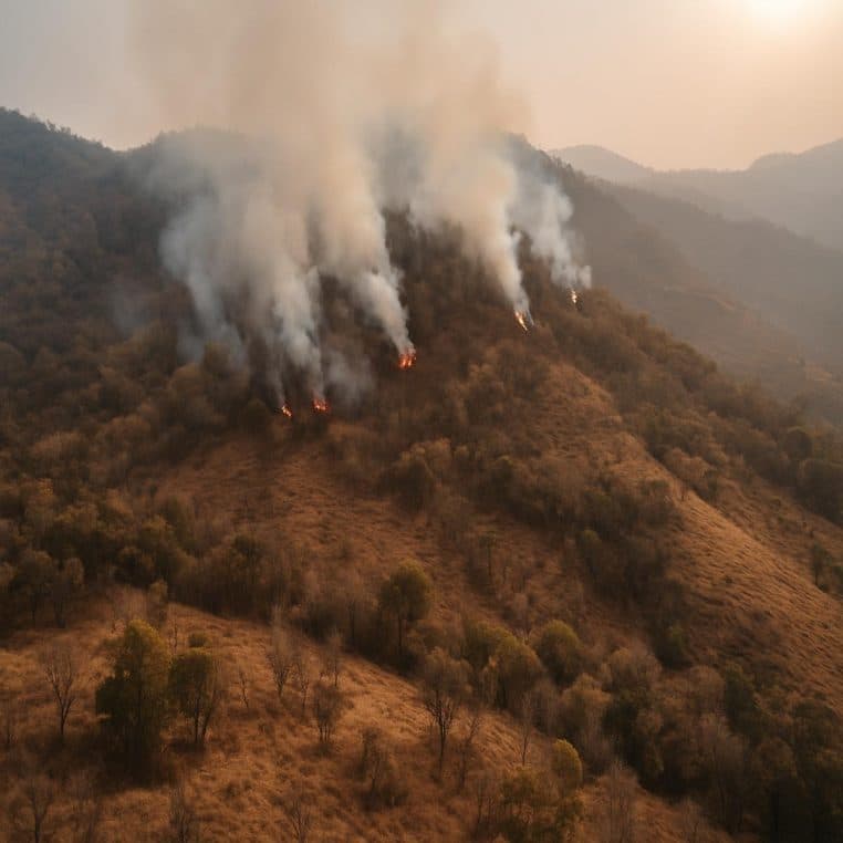 vue aérienne d’une colline brûlant avec colonnes de fumée