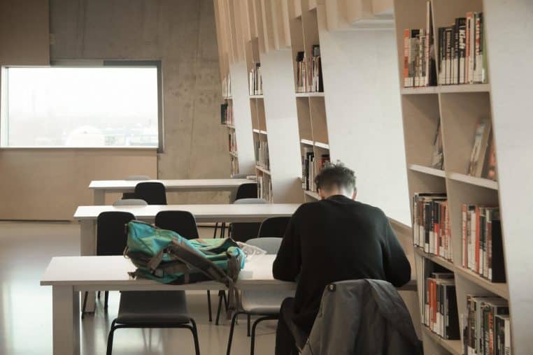 Étudiant feuilletant ses notes face à une fenêtre de bibliothèque