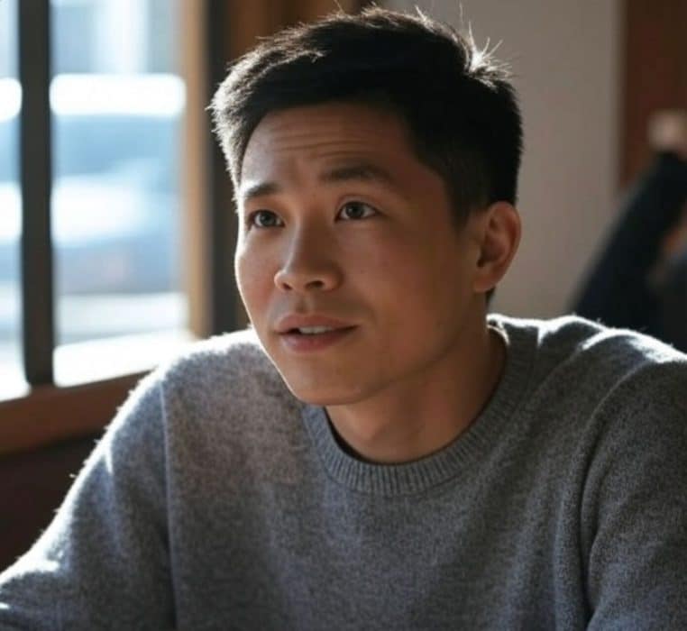 Jeune homme assis près d’une fenêtre, en pull gris, regardant avec attention et un léger sourire.