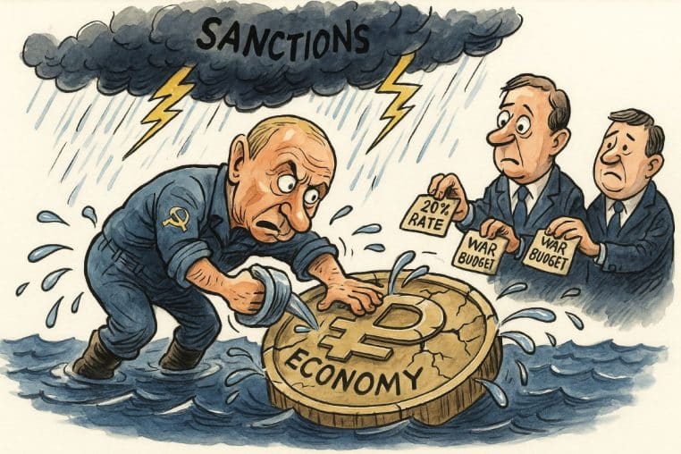 Caricature de Vladimir Putin colmatant un canot en forme de rouble sous un nuage de sanctions.