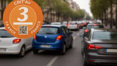 Vignette Crit’Air 3 sur fond de circulation dense en ville.