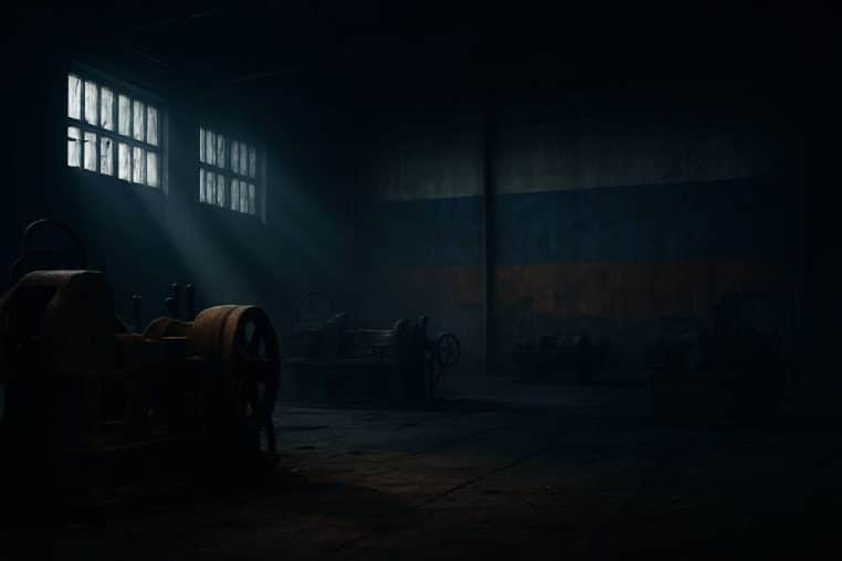 Intérieur d’usine abandonnée avec drapeau russe effacé et machines rouillées