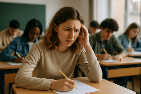 Jeune fille stressée pendant un examen en salle de classe