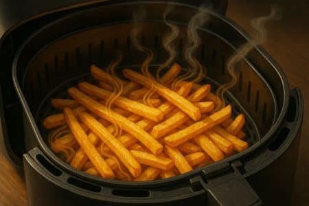 Illustration de frites dorées en cuisson dans un panier d’Airfryer, avec de la vapeur s’échappant autour des bâtonnets.