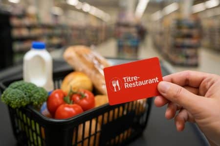 Un client présente son titre-restaurant au moment de passer ses courses en caisse, illustrant l’usage des titres dans les supermarchés.