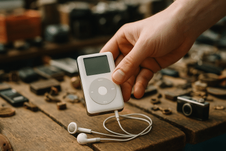Ancien iPod Classic blanc tenu à la main dans un vide-grenier