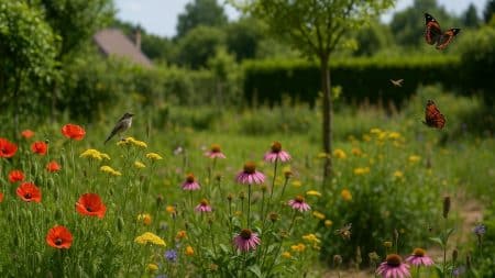 Jardin fleuri en été avec coquelicots, échinacées et papillons en vol.